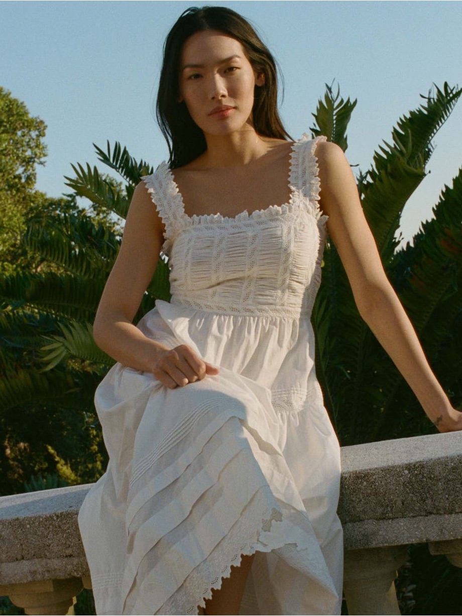 Doen Ariette Ivory Smocked Cotton Midi Dress With Lace Trim